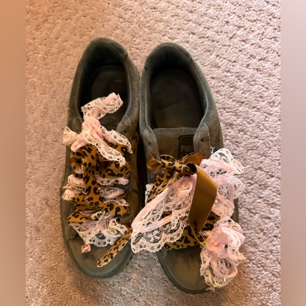 Unique upcycled Puma sneakers with lace and ribbon details